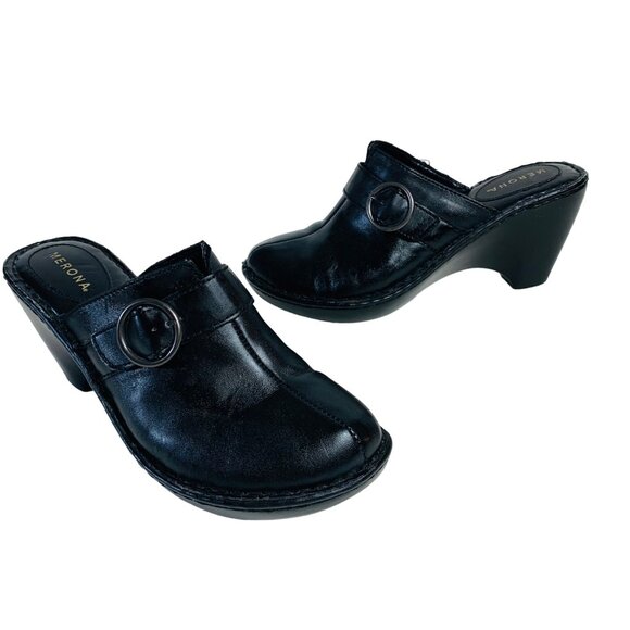Merona Black Leather Slip-On Wedge Clogs Womens Size 9.5 Featuring Buckle Detail - Picture 2 of 14